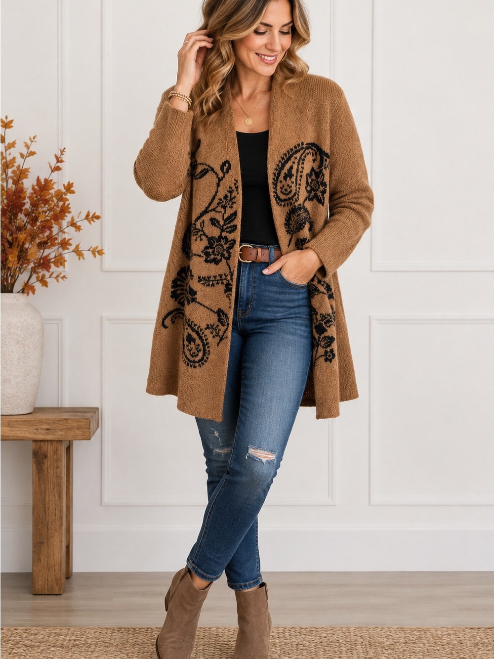 Open-Front Brown Paisley-Print Cardigan Sweater